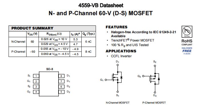 4559-VB一种N+P—Channel沟道SOP8封装MOS管