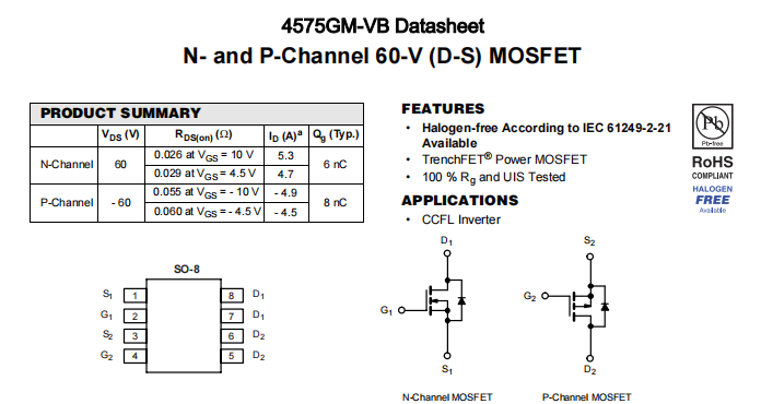 4575GM-VB一种N+P—Channel沟道SOP8封装MOS管