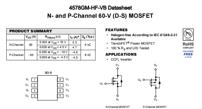 4578GM-HF-VB一种N+P—Channel沟道SOP8封装MOS管