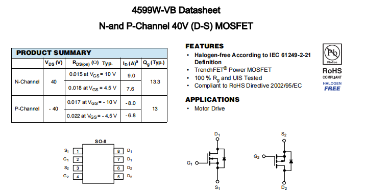 4599W-VB一种N+P—Channel沟道SO8封装MOS管