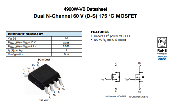 4900W-VB一种2个N—Channel沟道SOP8封装MOS管