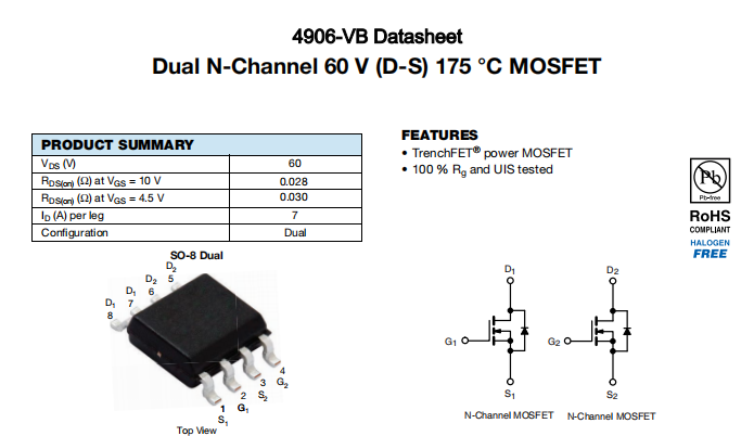 4906-VB一种2个N—Channel沟道SOP8封装MOS管