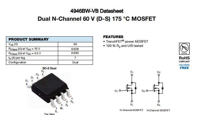 4946BW-VB一种2个N—Channel沟道SOP8封装MOS管