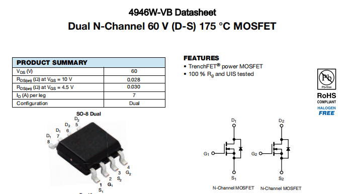 4946W-VB一种2个N—Channel沟道SOP8封装MOS管