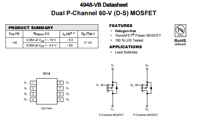4948-VB一种2个P—Channel沟道SOP8封装MOS管
