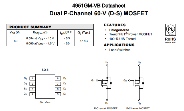 4951GM-VB一种2个P—Channel沟道SOP8封装MOS管