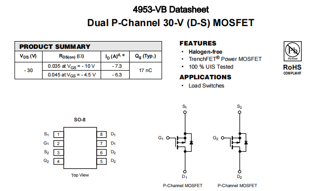 4953-VB一种2个P—Channel沟道SOP8封装MOS管