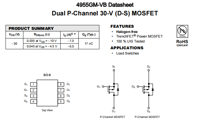 4955GM-VB一种2个P—Channel沟道SOP8封装MOS管