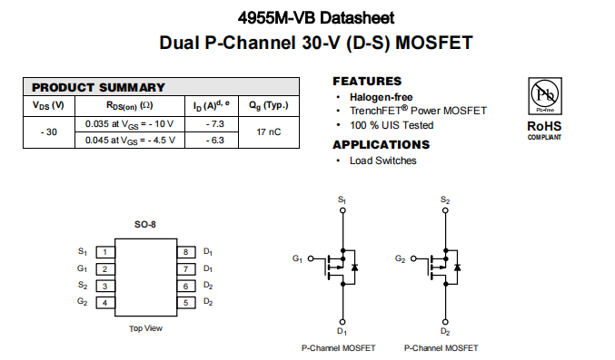 4955M-VB一种2个P—Channel沟道SOP8封装MOS管