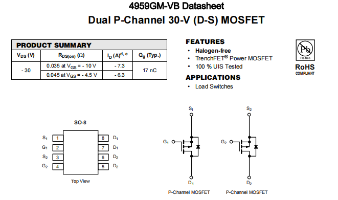 4959GM-VB一种2个P—Channel沟道SOP8封装MOS管