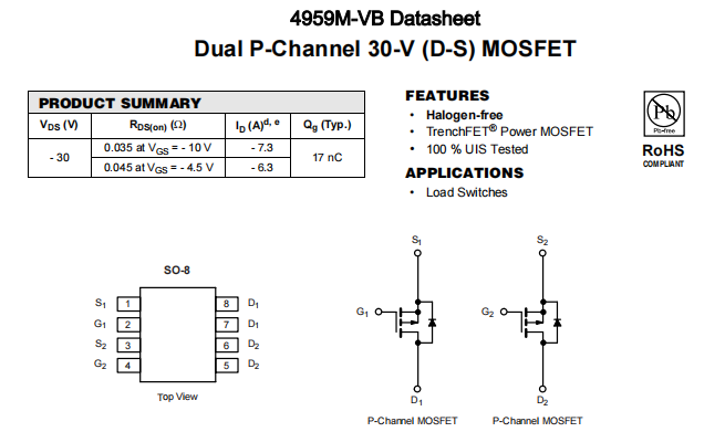 4959M-VB一种2个P—Channel沟道SOP8封装MOS管