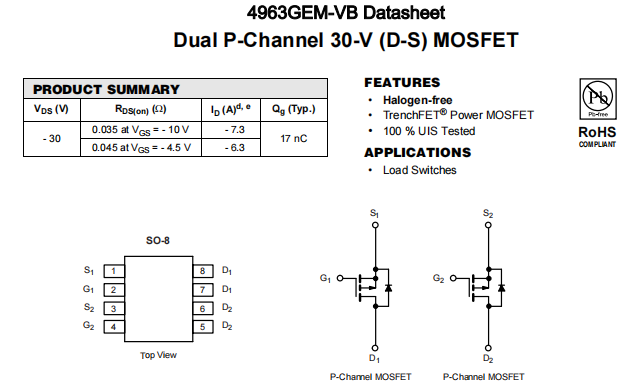 4963GEM-VB一种2个P—Channel沟道SOP8封装MOS管