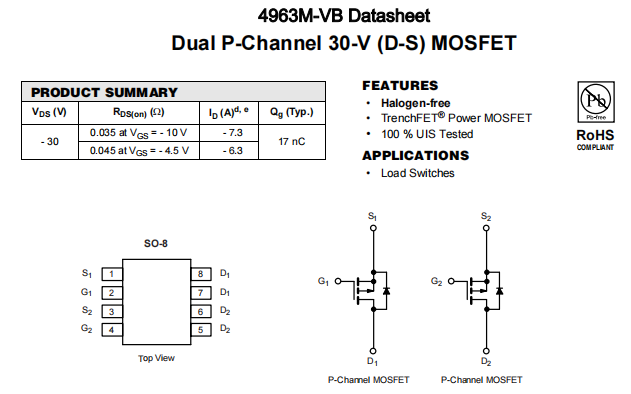 4963M-VB一种2个P—Channel沟道SOP8封装MOS管