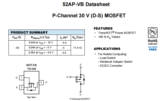 52AP-VB一种P—Channel沟道SOT23封装MOS管