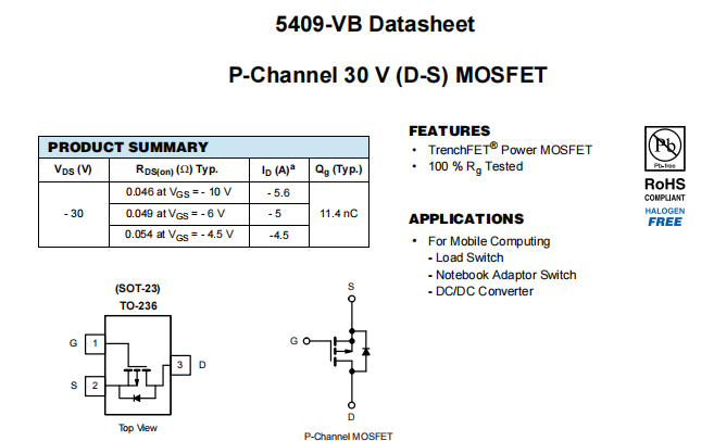 5409-VB一种P—Channel沟道SOT23封装MOS管