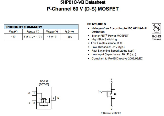 5HP01C-VB一种P—Channel沟道SOT23封装MOS管