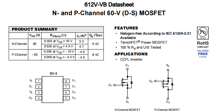 612V-VB一种N+P—Channel沟道SOP8封装MOS管