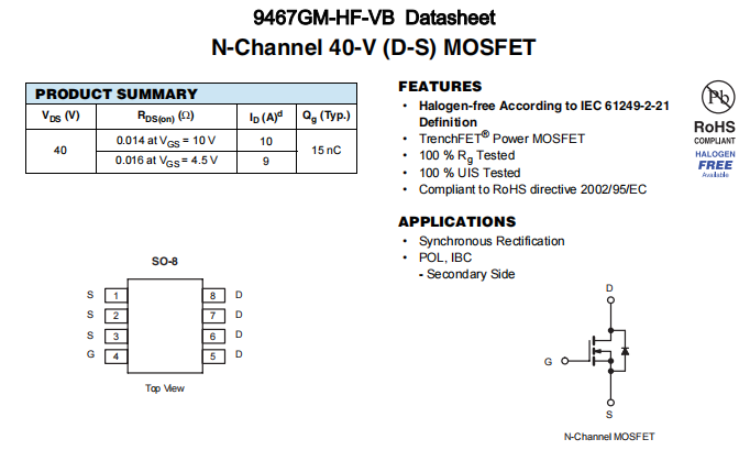 9467GM-HF-VB一种N—Channel沟道SOP8封装MOS管