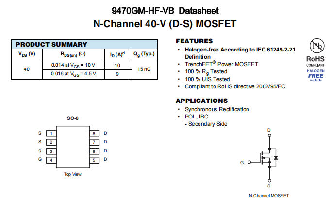 9470GM-HF-VB一种N—Channel沟道SOP8封装MOS管