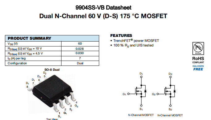 9904SS-VB一种2个N—Channel沟道SOP8封装MOS管