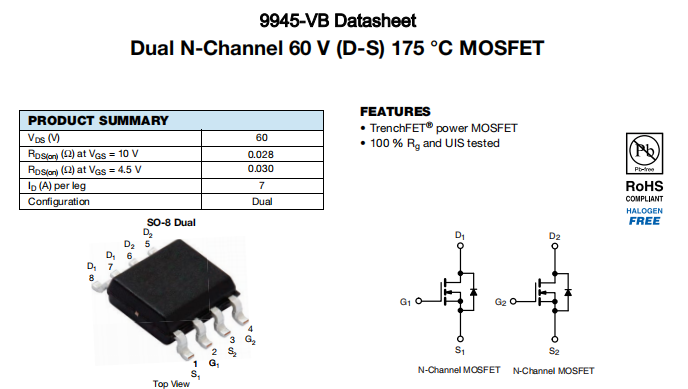 9945-VB一种2个N—Channel沟道SOP8封装MOS管