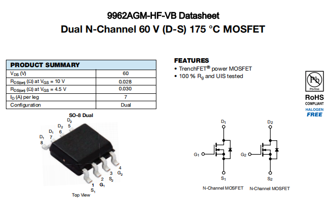 9962AGM-HF-VB一种2个N—Channel沟道SOP8封装MOS管