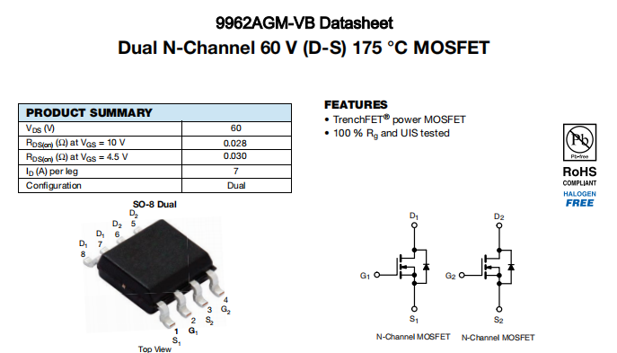 9962AGM-VB一种2个N—Channel沟道SOP8封装MOS管