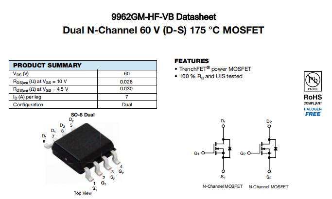 9962GM-HF-VB一种2个N—Channel沟道SOP8封装MOS管