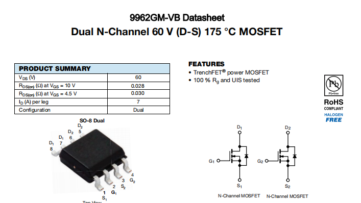 9962GM-VB一种2个N—Channel沟道SOP8封装MOS管