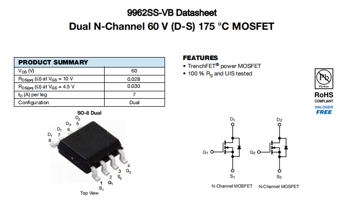 9962SS-VB一种2个N—Channel沟道SOP8封装MOS管