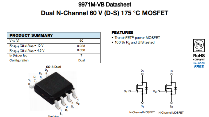 9971M-VB一种2个N—Channel沟道SOP8封装MOS管