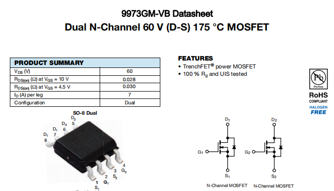 9973GM-VB一种2个N—Channel沟道SOP8封装MOS管