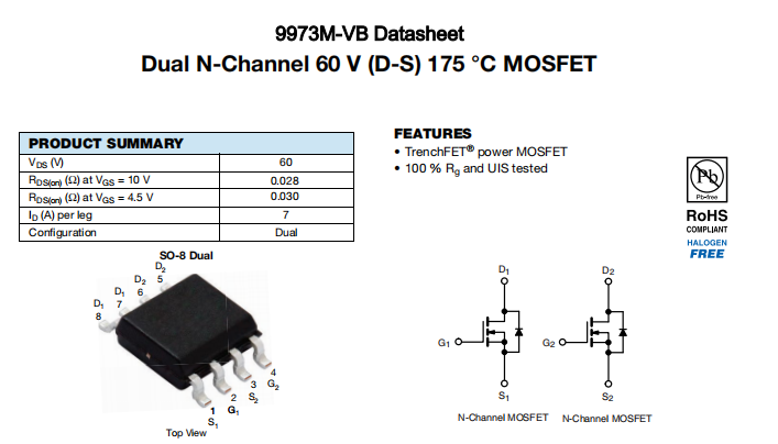 9973M-VB一种2个N—Channel沟道SOP8封装MOS管