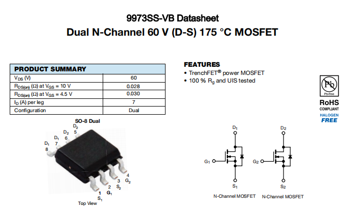 9973SS-VB一种2个N—Channel沟道SOP8封装MOS管