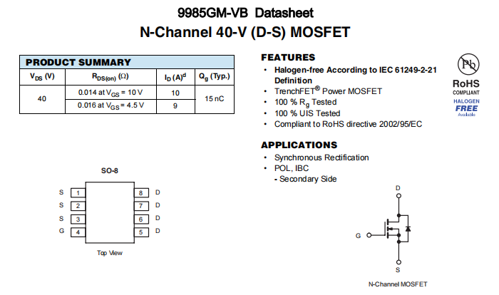 9985GM-VB一种N—Channel沟道SOP8封装MOS管