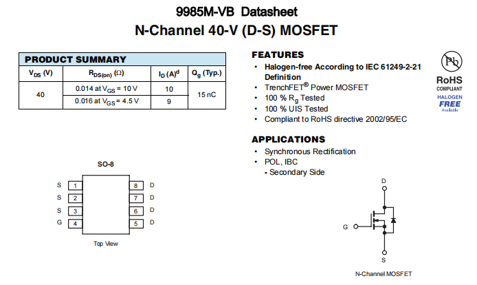 9985M-VB一款N—Channel沟道SOP8的MOSFET晶体管参数介绍与应用说明