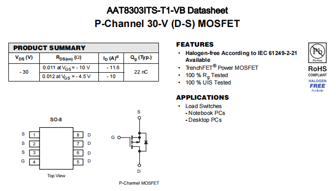 AAT8303ITS-T1-VB一种P—Channel沟道SOP8封装MOS管