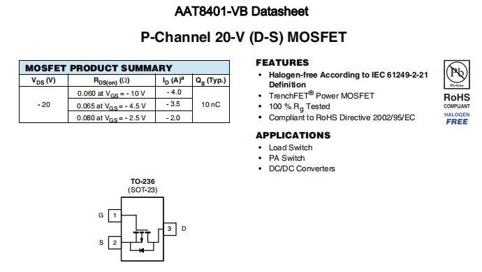 AAT8401-VB一种P—Channel沟道SOT23封装MOS管