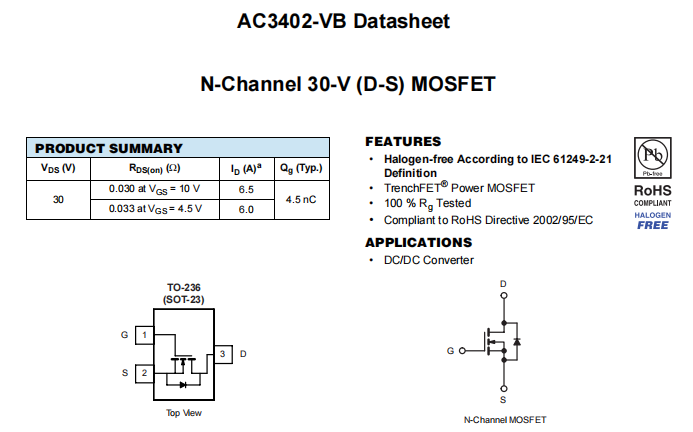 AC3402-VB一种N—Channel沟道SOT23封装MOS管