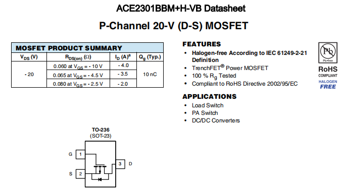 ACE2301BBM+H-VB一种P—Channel沟道SOT23封装MOS管