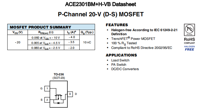 ACE2301BM+H-VB一种P—Channel沟道SOT23封装MOS管