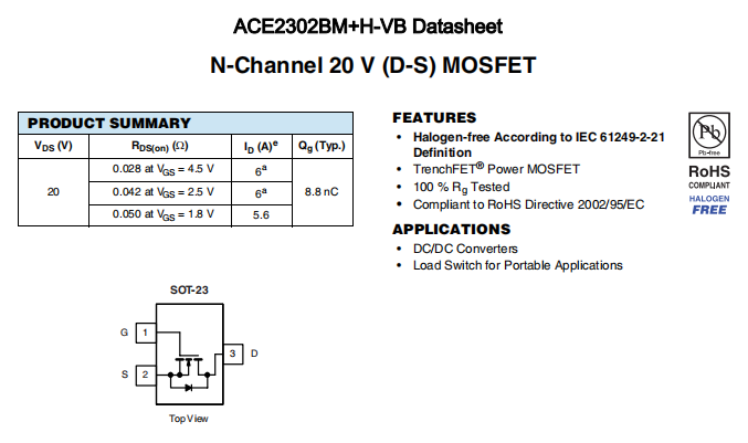 ACE2302BM+H-VB一种N—Channel沟道SOT23封装MOS管