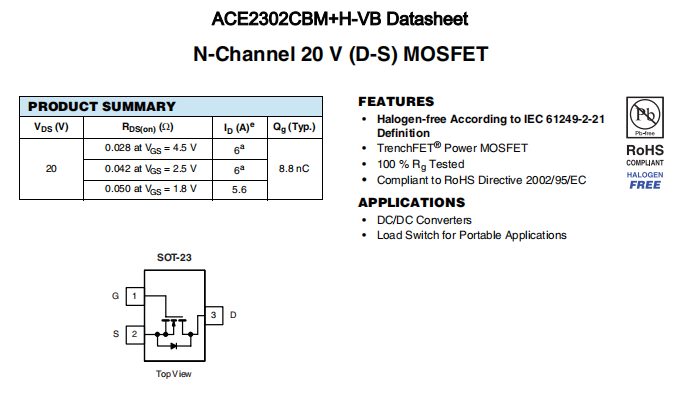 ACE2302CBM+H-VB一种N—Channel沟道SOT23封装MOS管