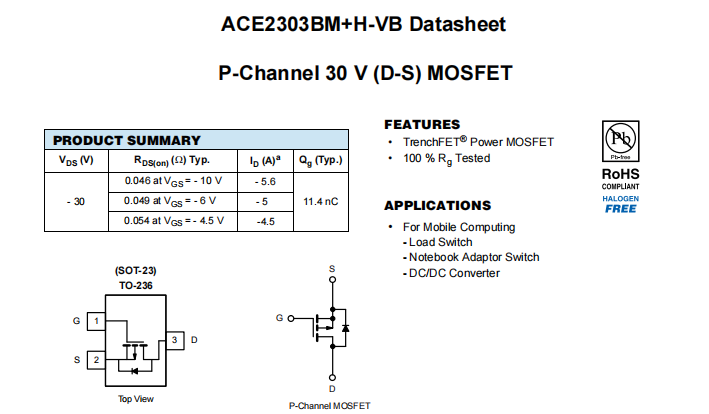 ACE2303BM+H-VB一种P—Channel沟道SOT23封装MOS管