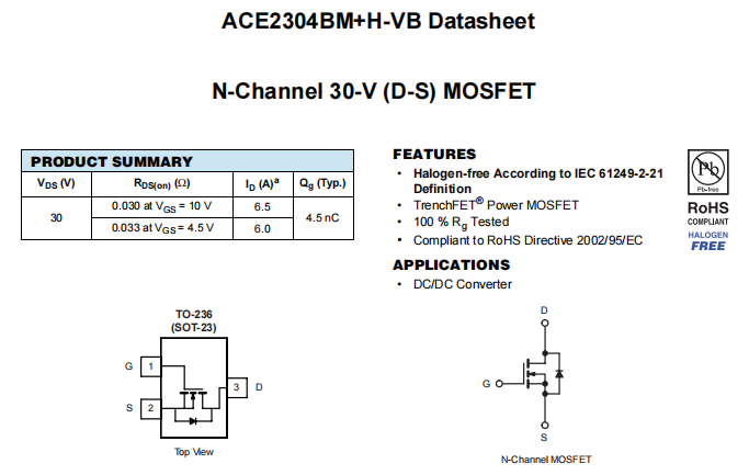 ACE2304BM+H-VB一种N—Channel沟道SOT23封装MOS管