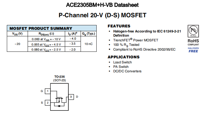 ACE2305BM+H-VB一种P—Channel沟道SOT23封装MOS管