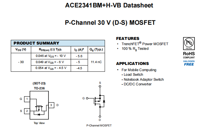 ACE2341BM+H-VB一种P—Channel沟道SOT23封装MOS管