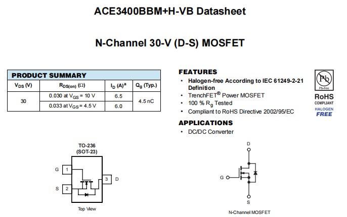 ACE3400BBM+H-VB一种N—Channel沟道SOT23封装MOS管