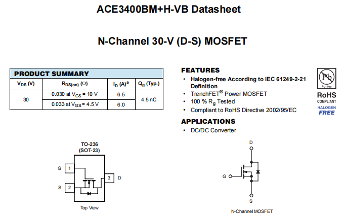 ACE3400BM+H-VB一种N—Channel沟道SOT23封装MOS管