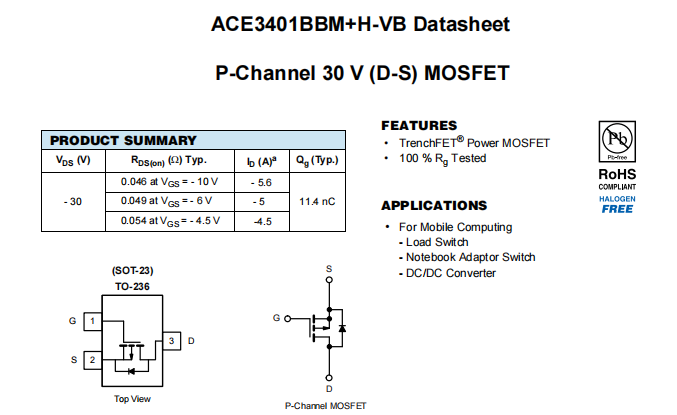 ACE3401BBM+H-VB一种P—Channel沟道SOT23封装MOS管